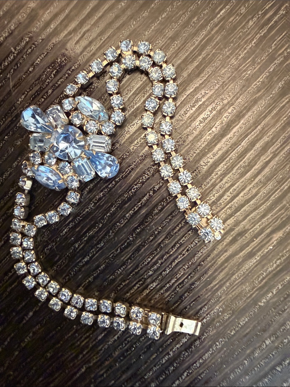 Vintage Blue Crystal Flower Tennis Bracelet - Silver Clear